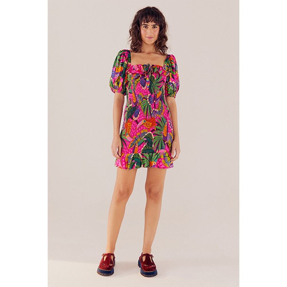FARM RIO Small Painted Toucans Square-Neck Tropical Mini Dress Pink/Green